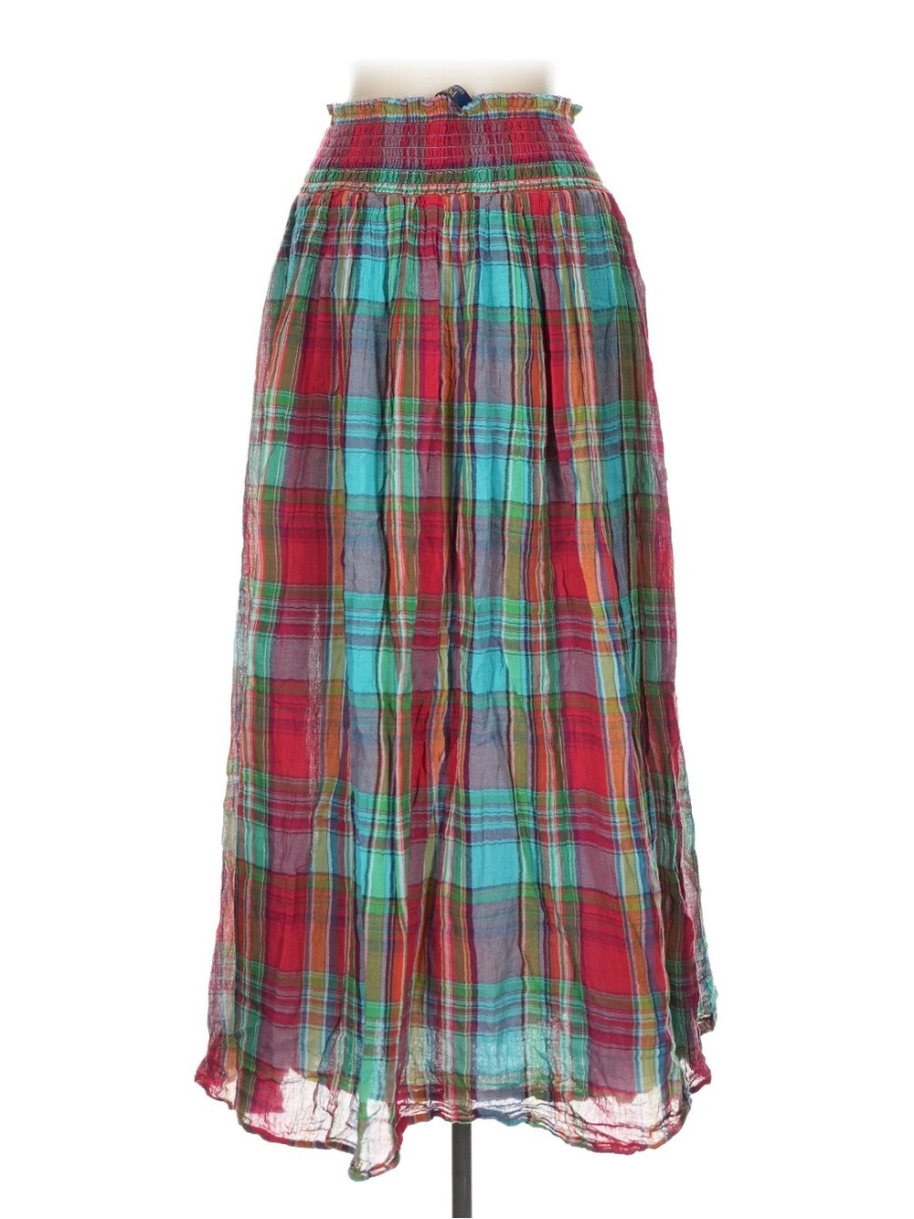 Polo Ralph Lauren Madras Maxi Skirt Plaid Cotton Gauze Smocked Boho Long Size L - Picture 3 of 5